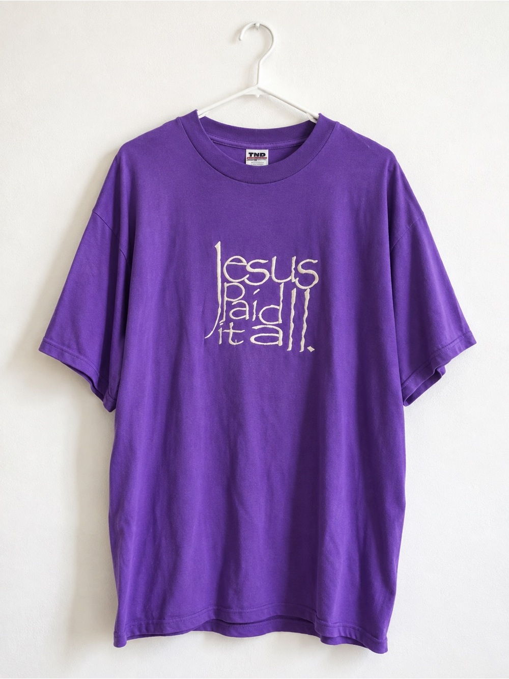 Y2K Embroidered Jesus Paid It All Graphic T-Shirt - Purple 2XL